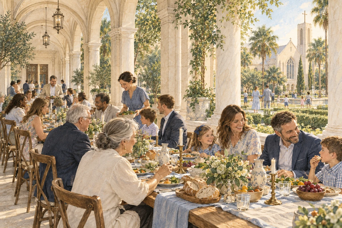 A shared meal in a bright classical hall, concept illustration