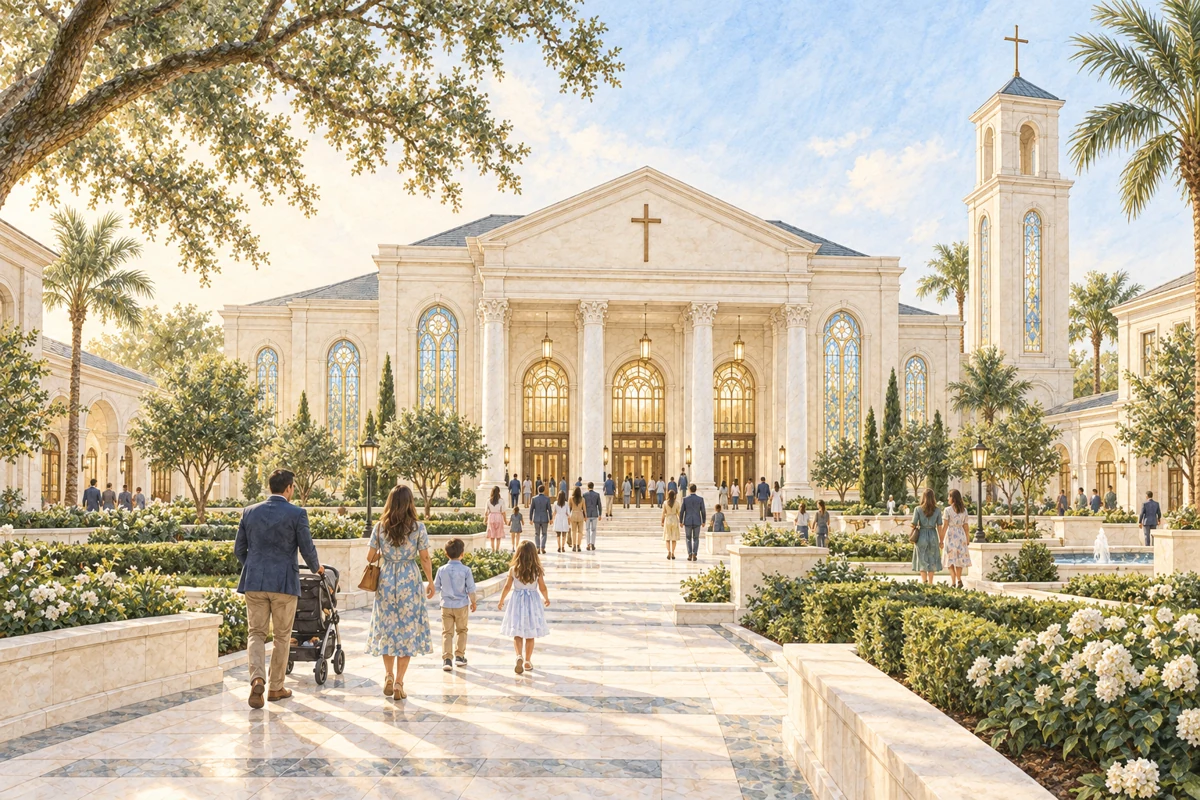 Faith, worship, and family life at the heart of the community. Architectural concept.