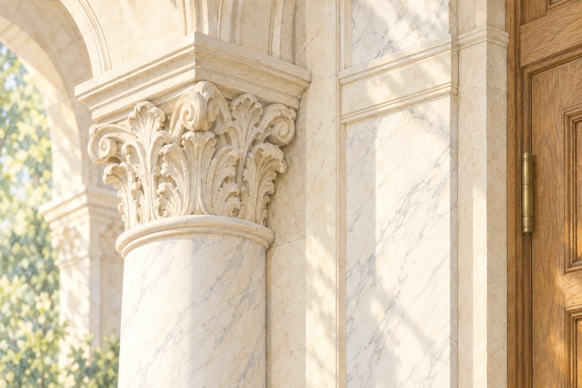 Pale marble and carefully finished stone, architectural material concept