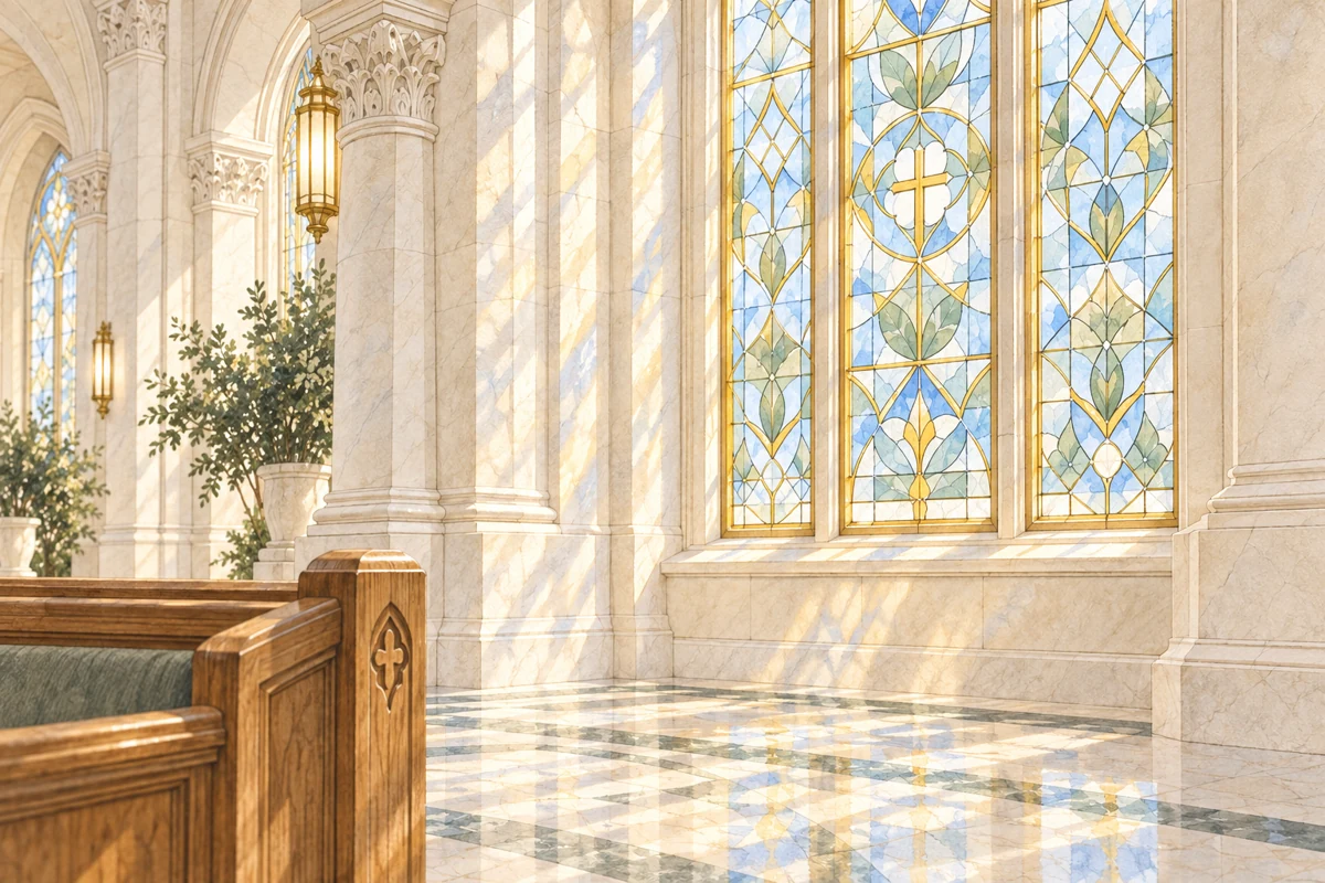 Concept of sunlight through classical stained glass onto pale stone