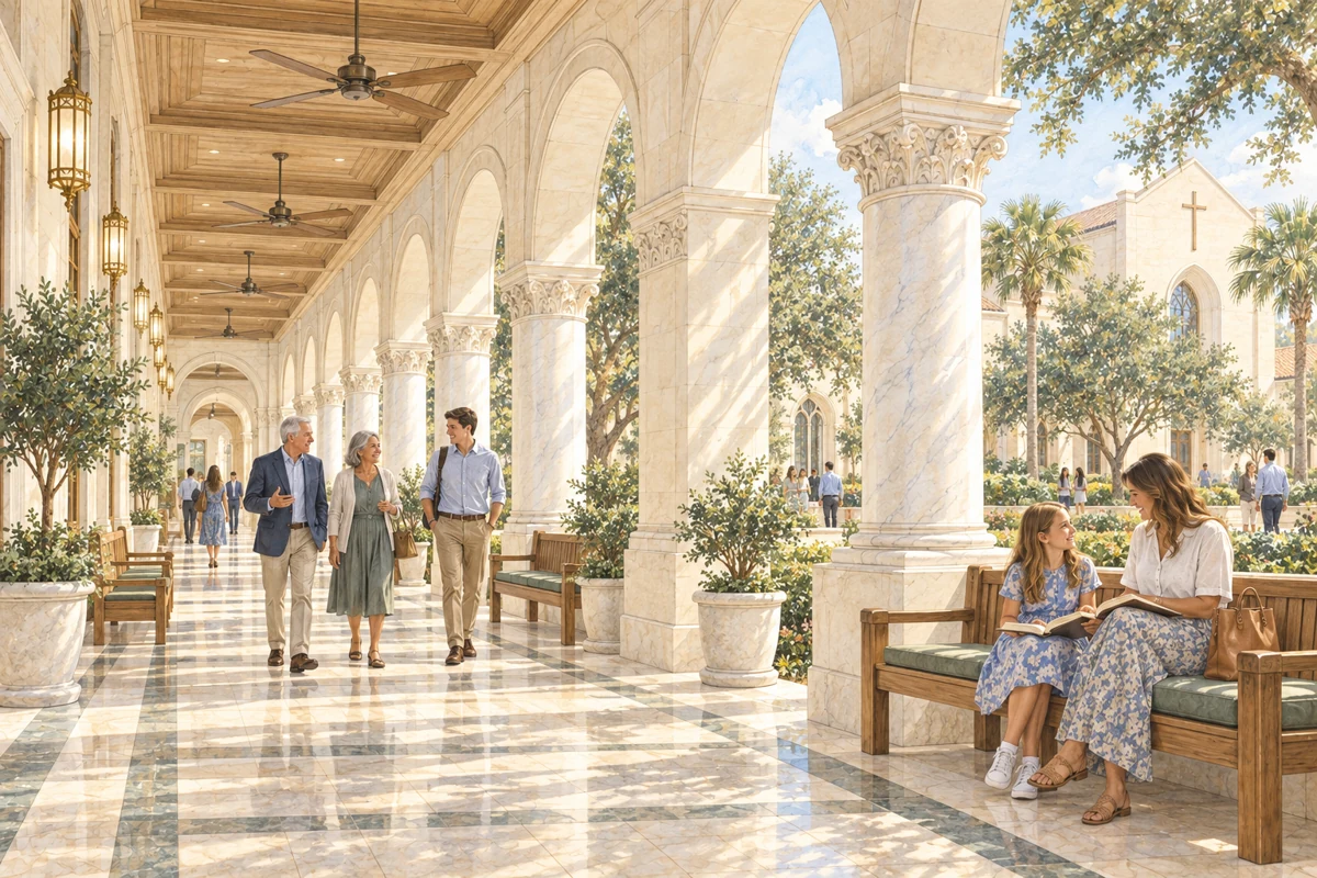 A shaded classical arcade with a planted courtyard
