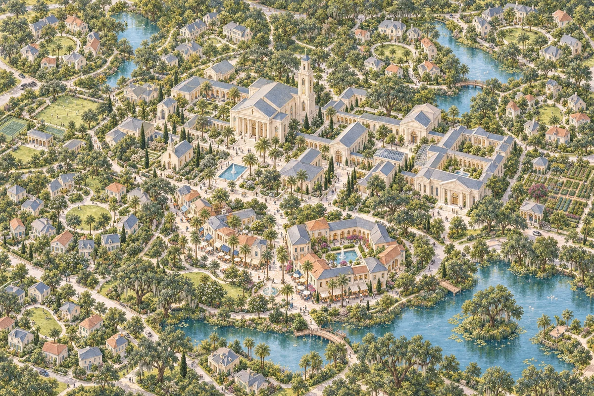 Architectural concept of a Florida garden town, with a church and civic courts at the center, homes around curved lanes and small greens, lakes and woodland